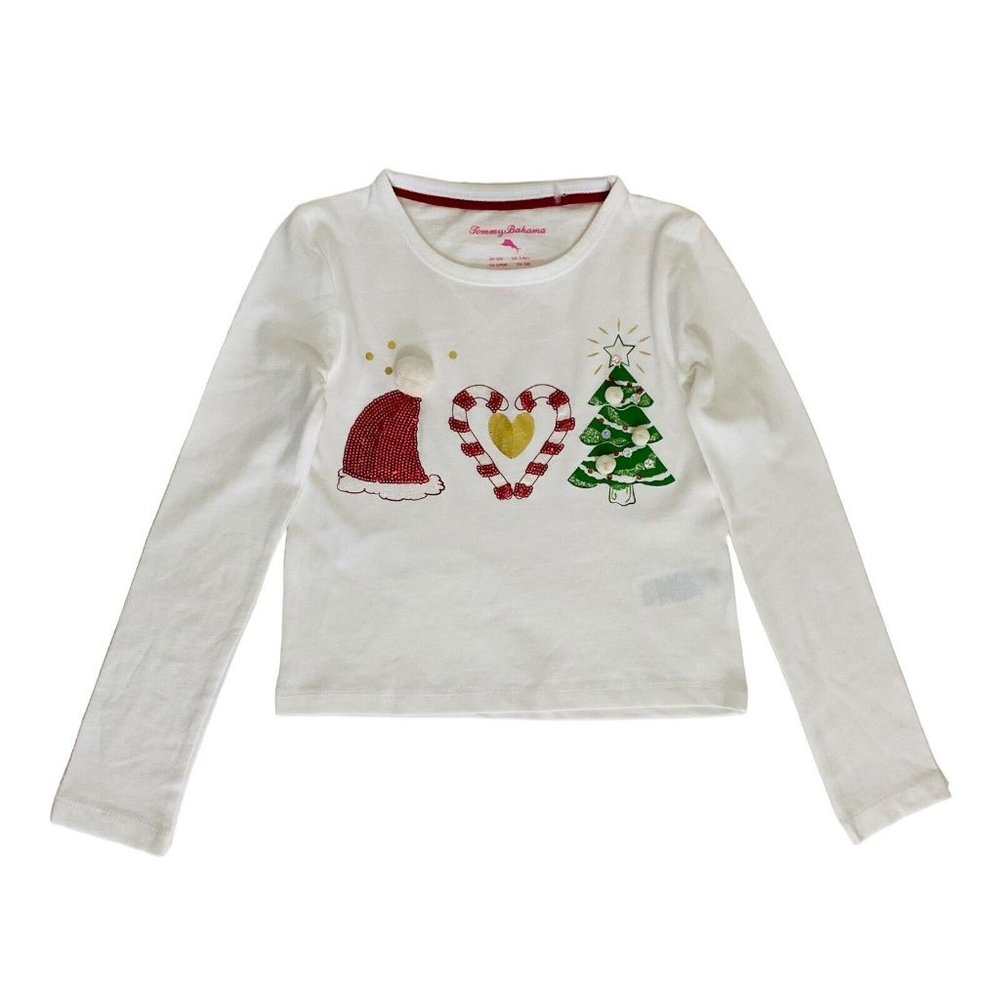 Tommy Bahama Girl’s SMALL (4) Long Sleeve Sequin Holiday Graphic T-shirt Top‎